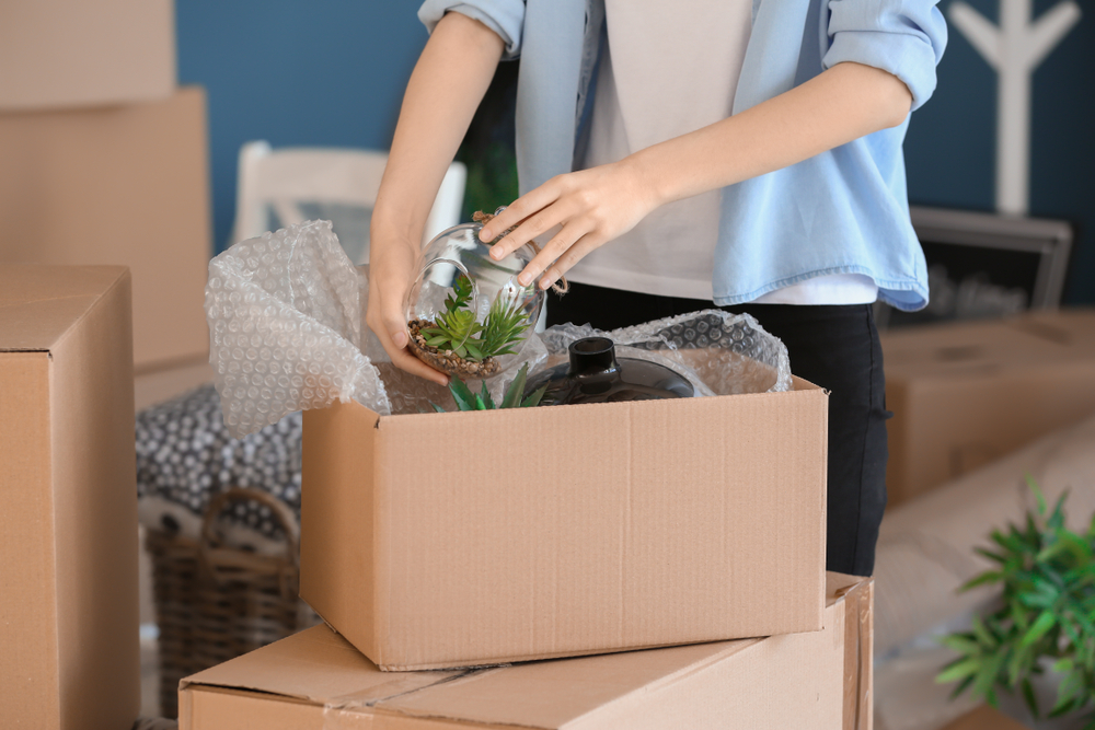 Person packing cardboard box full of delicate glassware